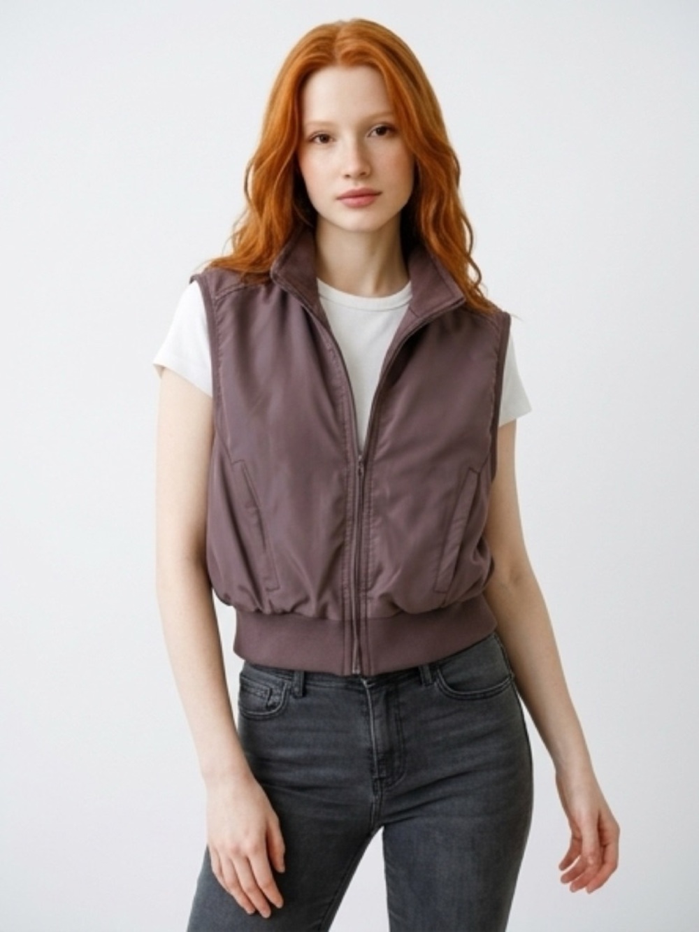 Sleeveless Dusty Mauve Zip-Front Puffer Vest